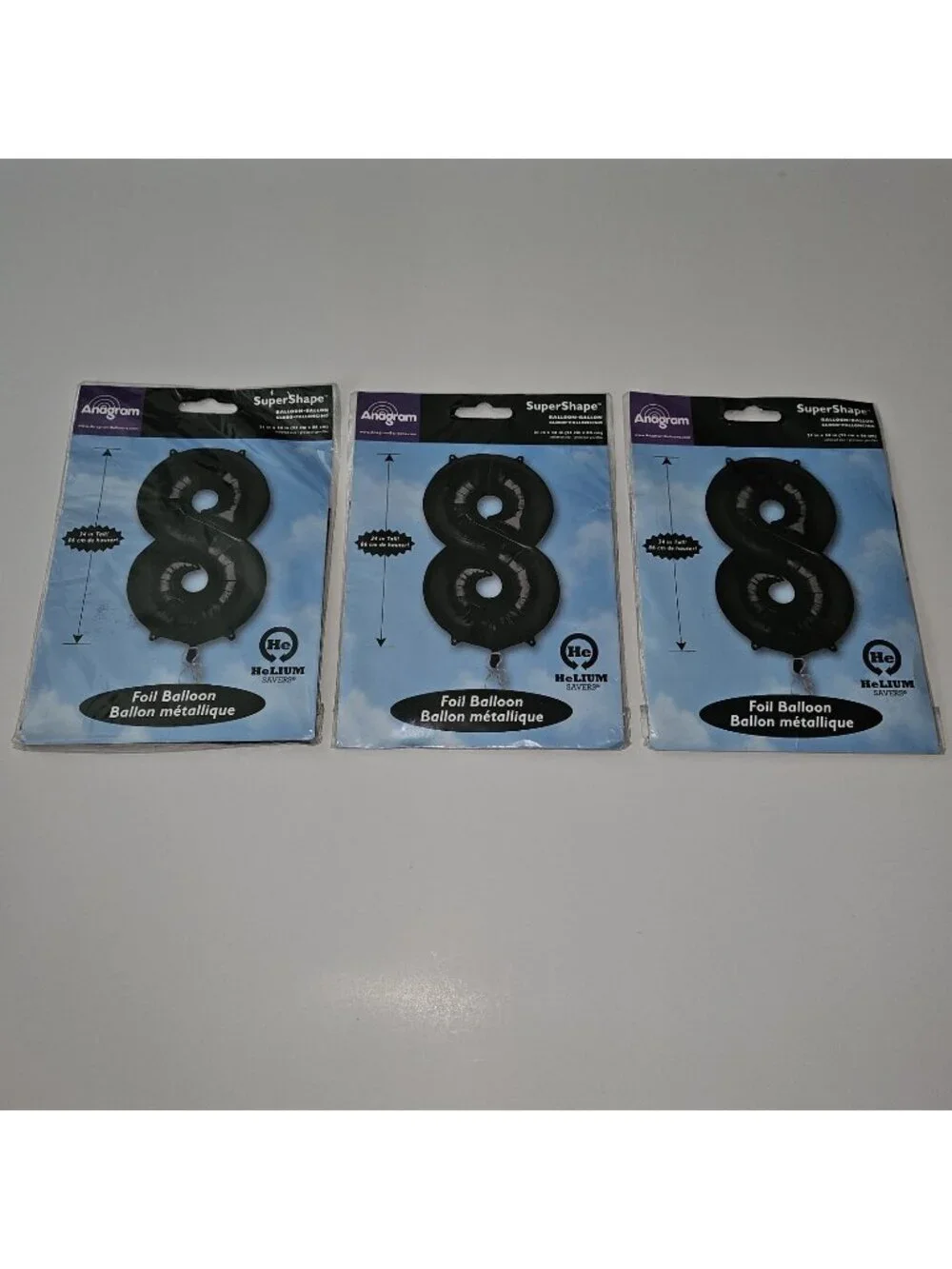 NEW 3 Black Foil Balloons Lot Party Supplies Number 8 88 Super Shape 21x34 B-day